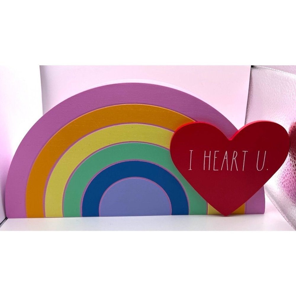 ❤️BRAND NEW 2023 Rae Dunn I HEART U. Painted Wood Rainbow with Cutout Red Heart